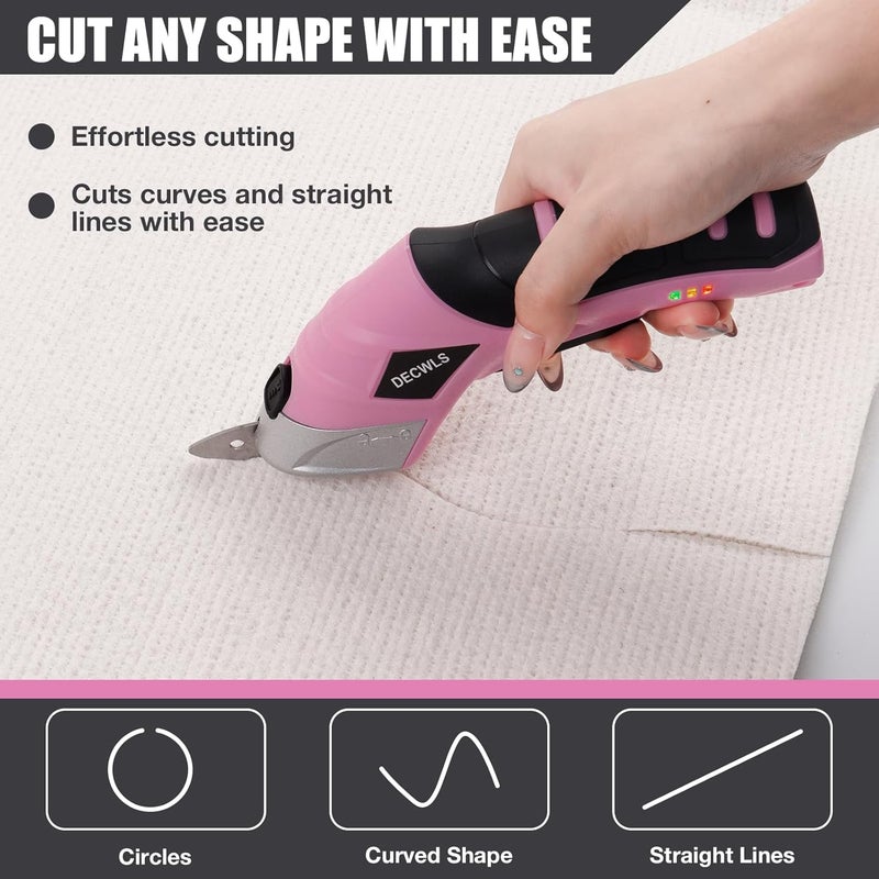 Decwls Cordless Electric Scissors for Fabric with 3 Type Blades, 4V Rechargeable Cardboard Scissors, Powerful Shears with Safety Lock Suitable, Cutting Tool for Carpet, Fabric, Cardboard, Leather-Pink - Image 5